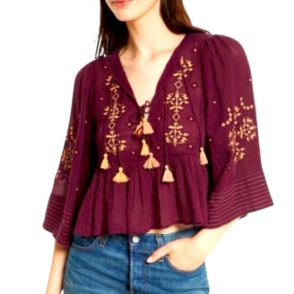 Haute Rouge Flutter Sleeve Lace Up Cropped Peasant Blouse NWT Size Medium - Picture 2 of 11